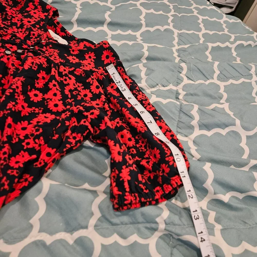 LOFT Navy Red Floral Puff Sleeve Blouse Women’s Small Peasant Boho Top